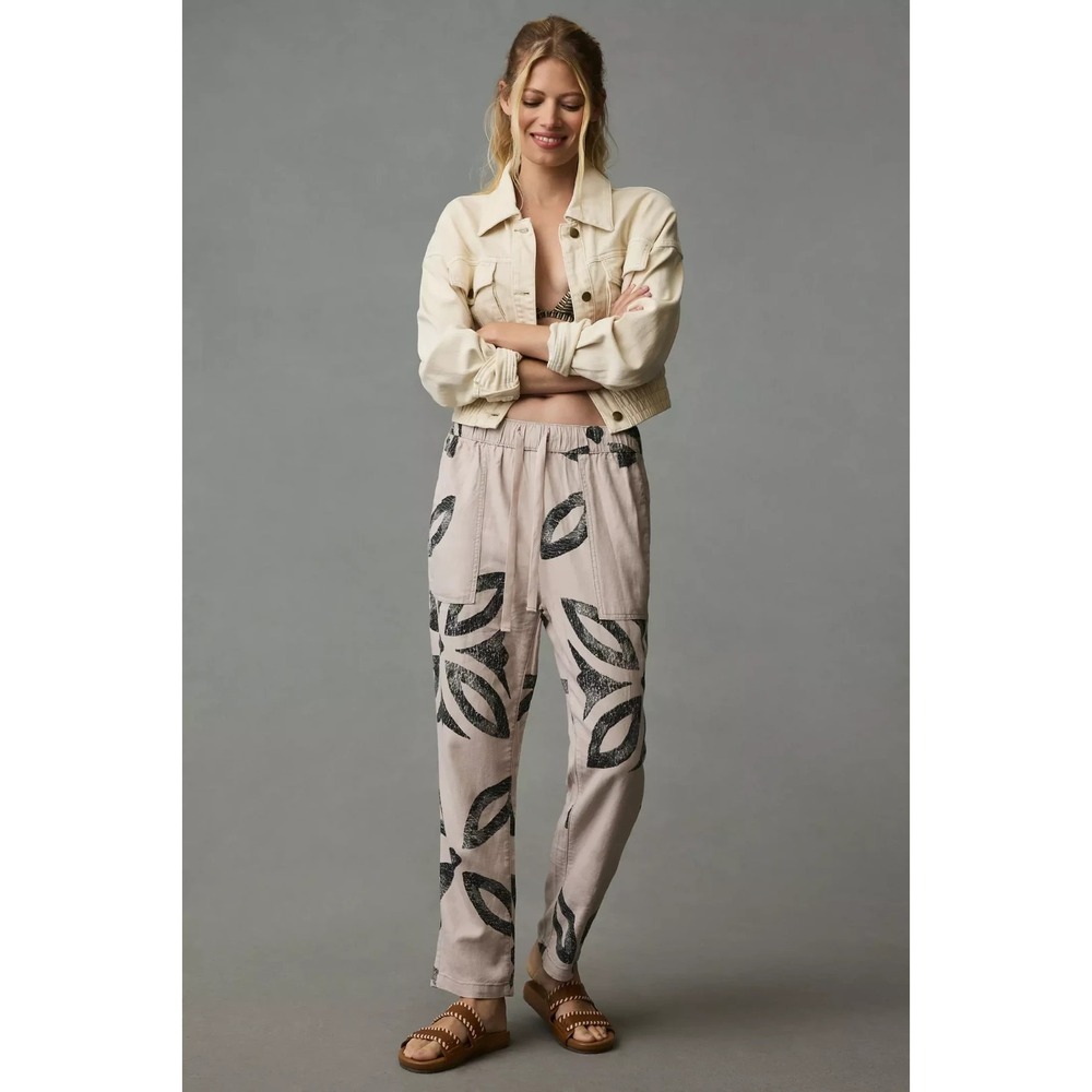 Pilcro x Anthropologie Betty Drawstring Linen Print Pants In Beige Women's Sz S
